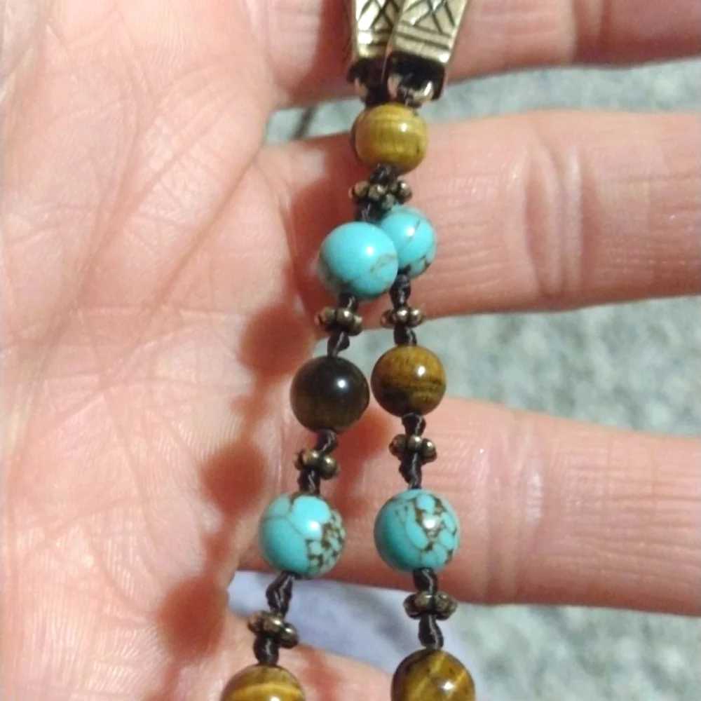 LUCKY BRAND SPIKED BRASS GOLD WITH TURQUOISE ACCENTS TRIBAL 24-26" NECKLACE - Picture 7 of 11